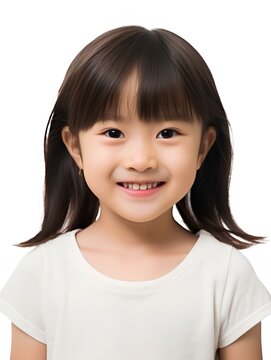 Portrait of cute and beautiful little japanese girl, smiling expression, isolated white background, AI Generative