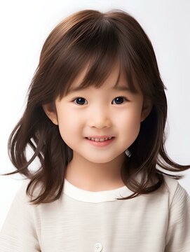 Portrait of cute and beautiful little japanese girl, smiling expression, isolated white background, AI Generative