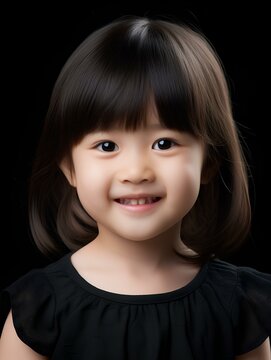 Portrait of cute and beautiful little japanese girl, smiling expression, isolated black background, AI Generative