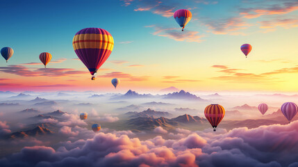 Hot air balloons rising at dawn