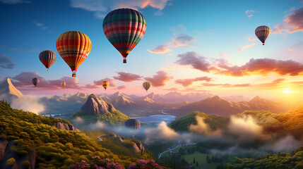 Hot air balloons rising at dawn