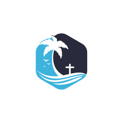 Beach Church Logo Design. Christian church cross beach vector logo design.