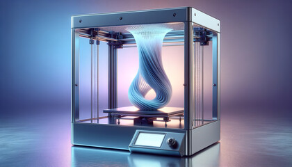 Sleek 3D printer creating tranquil, fluid-shaped object in calming blues and purples.