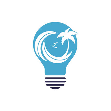 Abstract bulb lamp with palm tree logo design. Nature travel innovation symbol. Tour and travel concept design.