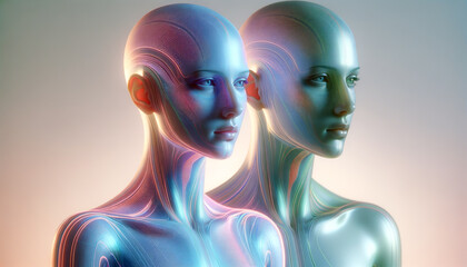 Translucent holographic digital twins in pastel and neon colors on minimalist background