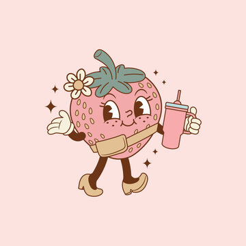 cute retro illustration of strawberry walking with thermos in hand
