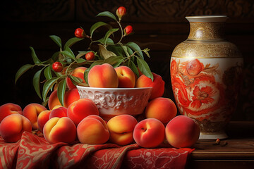 Obraz na płótnie Canvas Ripe peaches in a vase on a table.