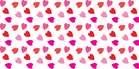 Abstract seamless pattern with pink and red hearts on white background.