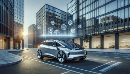 Electric Vehicle and AI Integration in a Modern Business District