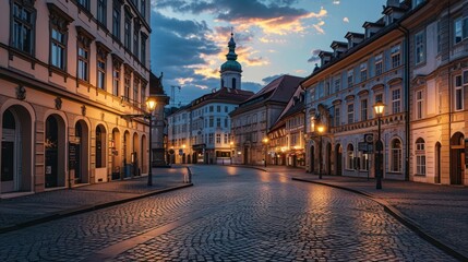 A historic European city square at twilight with cobblestone streets and ancient architecture. - obrazy, fototapety, plakaty