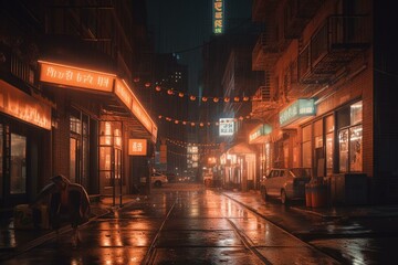 Fototapeta na wymiar Illustration of street lit by orange neon light. Generative AI