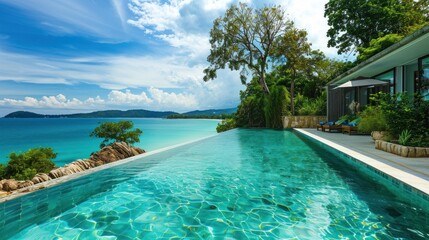 A luxurious infinity pool overlooking a tropical beach with crystal clear water.
