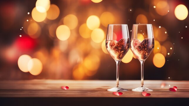 A Romantic Picture of Two Glasses of Champagne on Valentine's Day. Bright Background