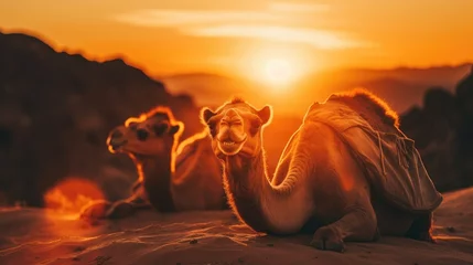 Selbstklebende Fototapeten Majestic Camels Resting at the Pyramids of Giza in Egypt - A Timeless Scene Illustrating the Coexistence Between Animals and the Historical Wonders of Ancient Egypt © Mr. Bolota