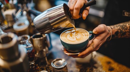 A professional barista making a latte art in a coffee shop.