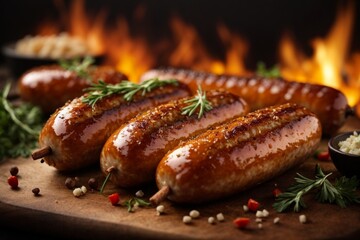 grilled sausages on a grill (Bratwurst) - obrazy, fototapety, plakaty