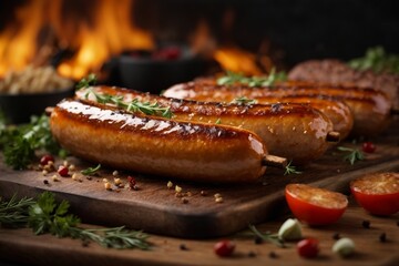 grilled sausages on a grill (Bratwurst)