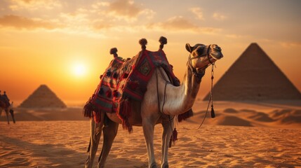 Majestic Camels Resting at the Pyramids of Giza in Egypt - A Timeless Scene Illustrating the Coexistence Between Animals and the Historical Wonders of Ancient Egypt