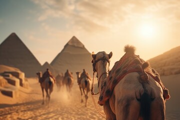 Majestic Camels Resting at the Pyramids of Giza in Egypt - A Timeless Scene Illustrating the Coexistence Between Animals and the Historical Wonders of Ancient Egypt - obrazy, fototapety, plakaty