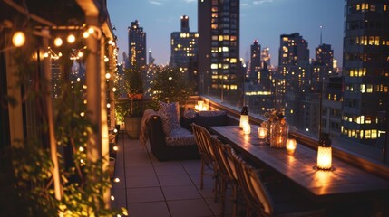 Fototapeta na wymiar A romantic evening on a rooftop terrace overlooking the city skyline.