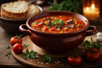 chili carne in red bowl (Goulashsuppe) - obrazy, fototapety, plakaty