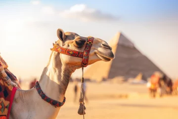 Foto op Plexiglas Majestic Camels Resting at the Pyramids of Giza in Egypt - A Timeless Scene Illustrating the Coexistence Between Animals and the Historical Wonders of Ancient Egypt © Mr. Bolota