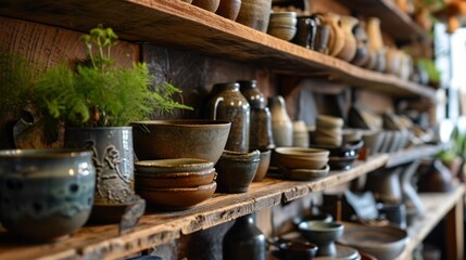 Fototapeta premium Handcrafted pottery and ceramics displayed on shelves.