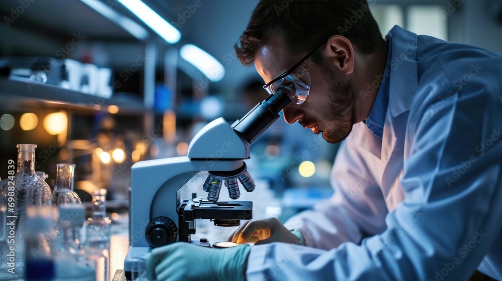 Aufkleber a scientist examining specimens under a microscope in a laboratory.