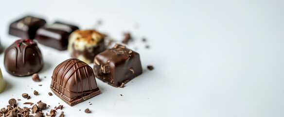 Assorted chocolates on a white background, valentines day
