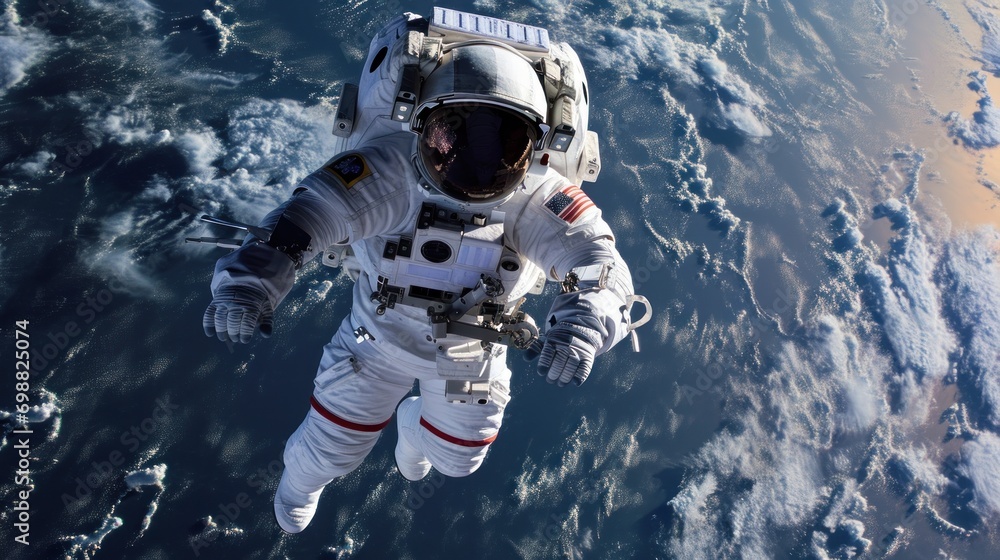 Poster an astronaut floating in zero gravity outside a spacecraft in orbit.