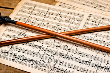 Wooden batons on sheet music score. AI generated.