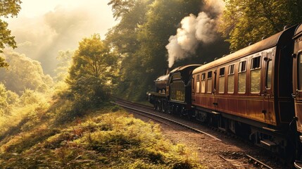 Fototapeta premium A vintage train journey through scenic countryside with historical carriages.