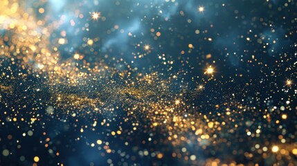 Abstract background with gold stars, particles and sparkling on navy blue. - obrazy, fototapety, plakaty