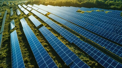 Aerial view of a large solar farm generating renewable energy.