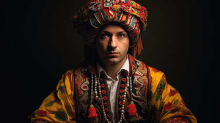 person wearing a Georgian Chokha, showcasing vibrant colors and patterns generative ai