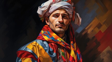 person wearing a Georgian Chokha, showcasing vibrant colors and patterns generative ai