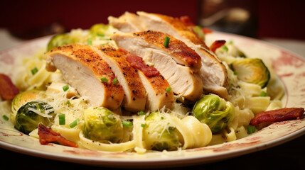 Stacked tasty Roasted Chicken with pasta and parmesan cheese Bacon Brussels sprout. AI Generative