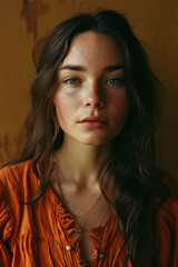 close up headshot of a beautiful young woman with nordic scandinavian clean natural beauty face brunette blue eyes with dark background in portra film magazine editorial look