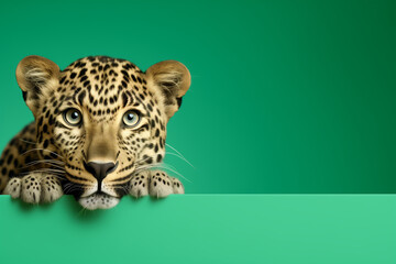 Leopard portrait isolated on green background. Banner with a leopard and copy space.