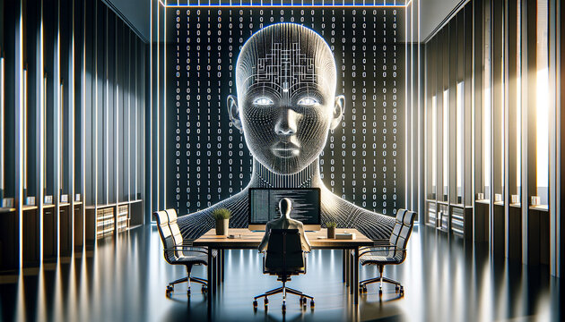 Open-source AI in business: Humanoid robot head with digital matrix overlay on a minimalist desk.