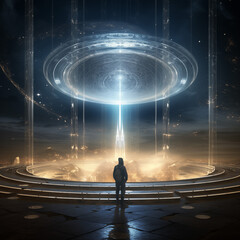  Person standing in front of a futuristic background with  technologically advanced teleport
