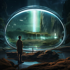  Person standing in front of a futuristic background with  technologically advanced teleport