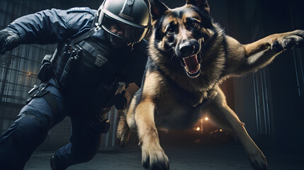 A German Shepherd dog is a police dog, a police dog is about to jump and bite a thief.