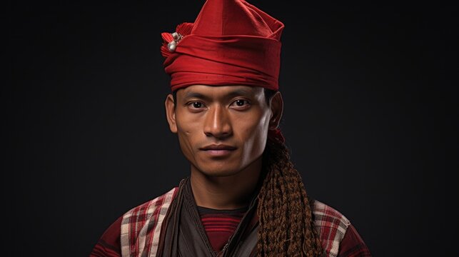 person wearing a traditional Nepali Dhaka topi, showcasing fine weaving generative ai