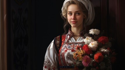 person wearing a traditional Russian Sarafan, showcasing floral patterns generative ai