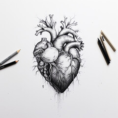 Esquisse d'un cur dessin au crayon noir sur Generative AI heart art - obrazy, fototapety, plakaty