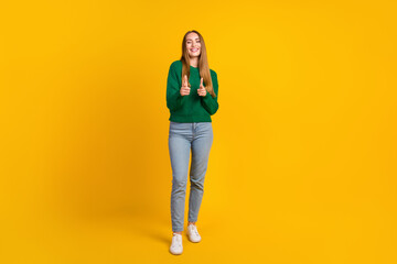 Full body length photo of optimistic woman young hr manager greetings you in team pointing fingers...