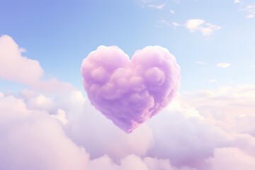 Pink fluffy heart cloud on blue sky. Beautiful romantic love background with copy space. Valentine Day, wedding, mother's day concept. Design for greeting card, flyer, banner, poster