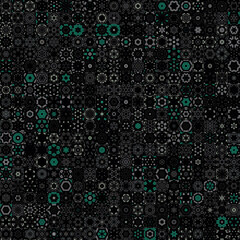 Dark black and green color tone floral geometric mandala art shapes, vintage concept seamless pattern background.