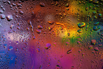 Water drops on glass. Raindrops on the window. Abstract background. Colorful spots. Texture of drops